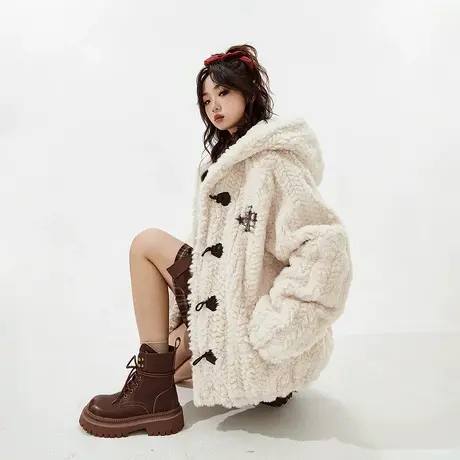 【好物体验专享】YEP羊角扣连帽棉服女冬季加厚羊羔毛外套2023年商品大图