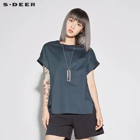 sdeer圣迪奥2019新款女装夏装套头圆领不规则摆短袖衬衫S18280424👵图片