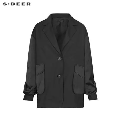 sdeer圣迪奥女装2022新款西装领拼接不规则西装黑色外套S22162206🦕图片