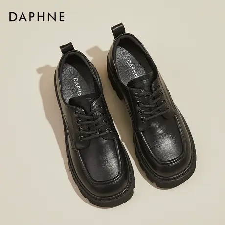 达芙妮厚底增高小皮鞋女鞋子英伦风高底黑色方头宽头乐福绑带单鞋商品大图