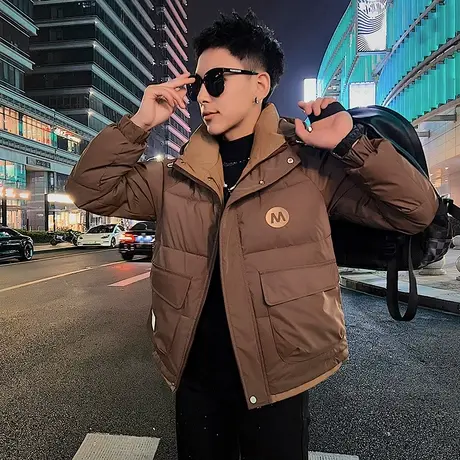 连帽棉衣男冬款潮牌个性高级感拼色宽松痞帅工装轻熟风棉服外套图片