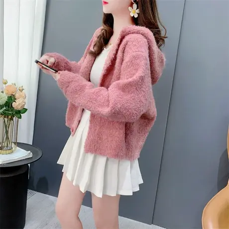 圈圈纱加厚连帽毛衣外套女秋冬2023年新款百搭宽松小个子针织上衣商品大图