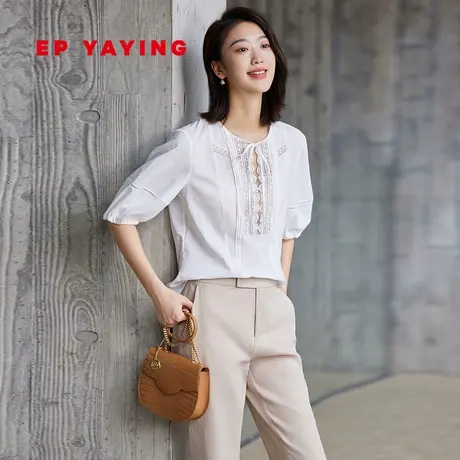 EP YAYING雅莹女装 白色泡泡袖绣花云感棉衬衫 2023夏装新款2328A商品大图