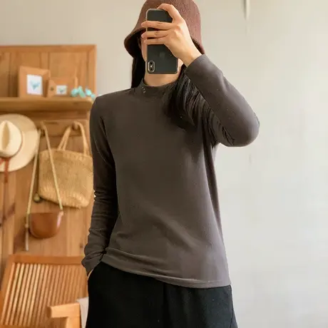 dza复古宽松刺绣笑脸半高领打底衫女秋冬洋气内搭上衣休闲T恤衫女商品大图