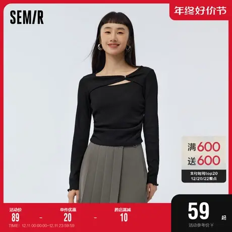 森马长袖T恤女短款镂空小性感2023春季新款修身木耳边针织衫百搭图片