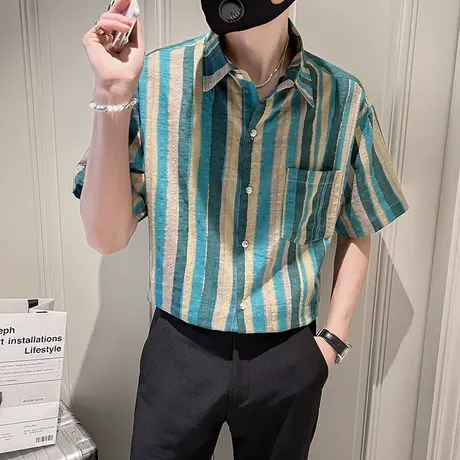 夏季休闲短袖衬衫男潮流条纹拼接设计潮男发型师痞帅时尚半袖衬衣商品大图