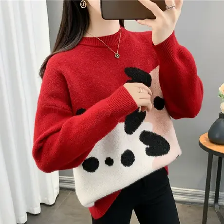女士红色卡通毛衣女秋冬2023新款爆款洋气宽松加厚针织打底衫内搭商品大图