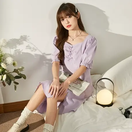 唐狮夏装法式连衣裙女装气质中长款淑女设计感开叉青少年裙子潮图片
