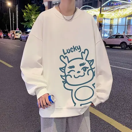 龙年加绒卫衣男春秋季2024新款卡通港风高街宽松套头圆领打底衫潮图片