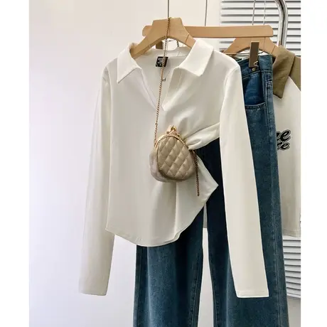 polo领纯欲风短款长袖T恤女装秋季辣妹设计感修身白色打底衫上衣商品大图