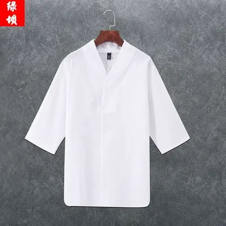 夏季改良汉服男亚麻七分袖T恤棉麻上衣古风棉麻半袖短袖茶服衣服图片