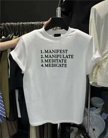 韩国东大门2023夏季新款圆领宽松百搭印花字母垫肩短袖T恤女上衣商品大图