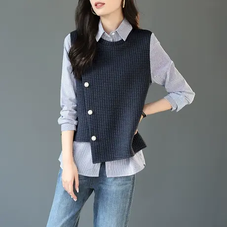 宝诗黎假两件拼接条纹上衣衬衫女春季2024时尚新款长袖职业衬衣商品大图