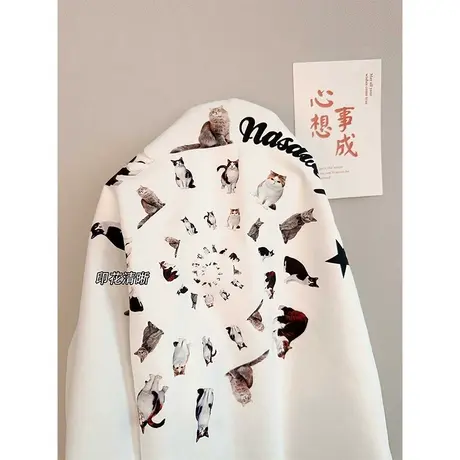 纯棉日系重磅设计感小众猫咪短袖t恤女夏季宽松港味chic半袖上衣图片