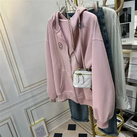 笑脸高领拉链连帽外套女宽松休闲廓形慵懒风帽衫卫衣开衫上衣春秋商品大图