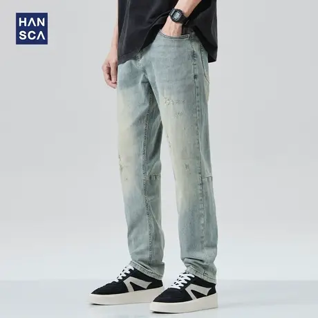 hansca美式复古牛仔裤男2023年春季潮牌破洞宽松直筒休闲弹力长裤商品大图