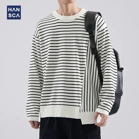 hansca日系简约不规则条纹撞色毛衣男秋冬款潮牌轻熟风圆领针织衫商品大图