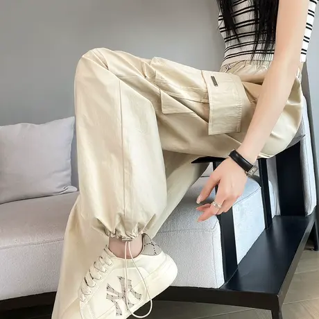 卡其色美式工装裤女2024春季新款高腰宽松束脚显瘦哈伦登山运动裤图片