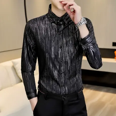 男士高级感长袖衬衫秋季潮牌修身痞帅气寸衫韩版轻奢男装休闲衬衣商品大图