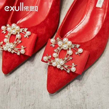 依思q女鞋婚鞋2023新款红色高跟鞋浅口中式尖头软底秀禾水钻婚鞋图片