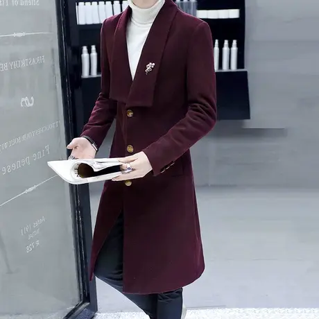 青年冬季男装时尚风衣中长款帅气呢大衣男士个性韩版过膝毛呢外套商品大图