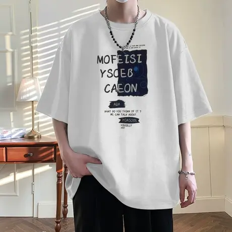 纯棉短袖t恤男款夏季潮牌宽松字母印花半袖体恤潮流美式休闲上衣T商品大图