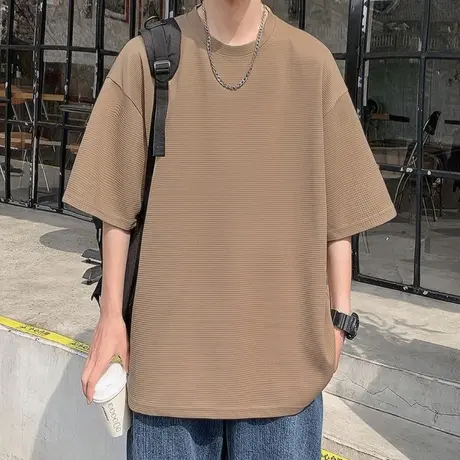 华夫格短袖t恤男夏季薄款休闲圆领上衣纯色内搭打底衫ins潮流体恤商品大图