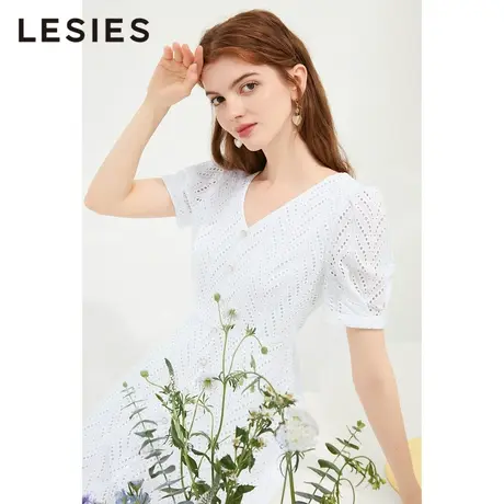 LESIES蓝色倾情夏装新款女优雅V领全棉绣花收腰淑女温柔风连衣裙图片