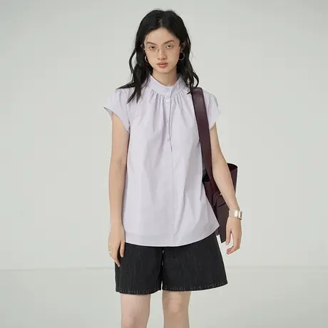 omont蛋挞家 小飞袖立领衬衫女夏季2023新款复古宽松显瘦衬衣上衣图片