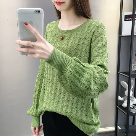 镂空针织衫秋装女2023年新款纯色宽松圆领勾花蝙蝠袖薄款上衣洋气商品大图