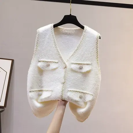 水貂绒针织马甲背心外穿2023年春季新款V领小香风女开衫毛衣外套图片