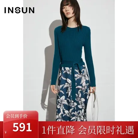 恩裳COVER2023早春新款高密柔软印花上身拼接羊毛混纺针织连衣裙图片