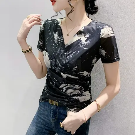 性感交叉V领T恤女短袖洋气百搭网纱小衫夏季欧货时尚印花修身上衣商品大图
