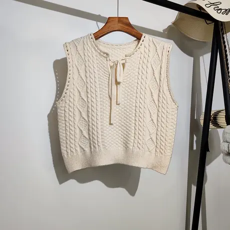 系带针织马甲女秋冬新款韩版小众设计感叠穿无袖麻花毛衣背心外搭商品大图