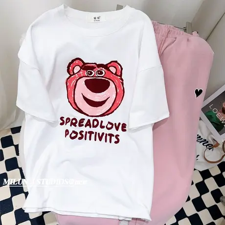 2023春季新款短袖上衣韩国东大门洋气小熊磨毛半袖T恤衫欧货大码商品大图