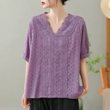 dza 镂空刺绣纯棉T恤女2023夏季薄款打底体恤宽松V领套头衬衫上衣商品大图