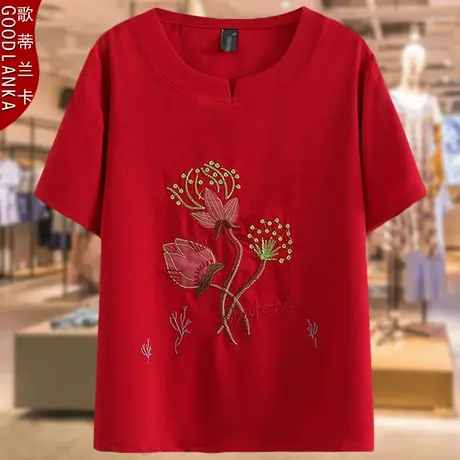 妈妈夏装洋气上衣200斤时尚民族风中老年女装小衫加肥加大绣花T恤商品大图