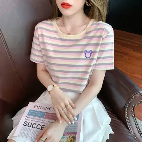 刺绣圆领短袖女t恤2023夏季新款潮韩版宽松百搭减龄条纹上衣服ins商品大图