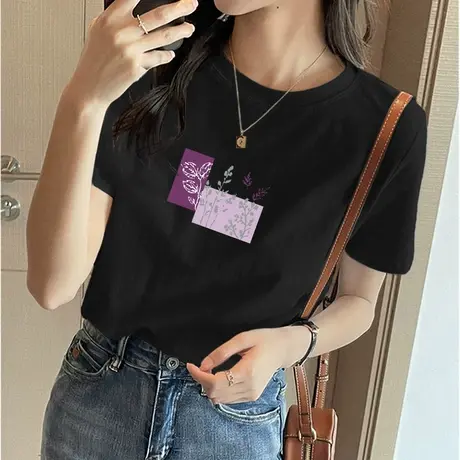 ins潮纯棉短袖t恤女2023新款夏季小众设计感显瘦半袖体恤黑色上衣图片