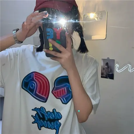 原创~港风2023新款韩版夏装ulzzang宽松慵懒风纯棉短袖T恤女上衣图片