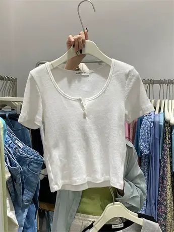 短袖t恤女夏季2021新款韩版ins潮纯色低圆领修身显瘦短款打底上衣商品大图