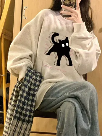 圆领卫衣女2023爆款小个子宽松春秋薄款无帽上衣美式复古oversize商品大图