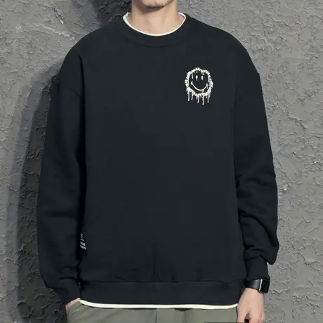 奕飏笑脸印花圆领卫衣男2022年春季潮百搭宽松套头上衣假两件外套图片