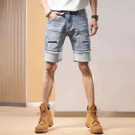 男士牛仔裤修身潮流破洞夏季男士五分裤潮流百搭舒适牛仔裤男裤子商品大图