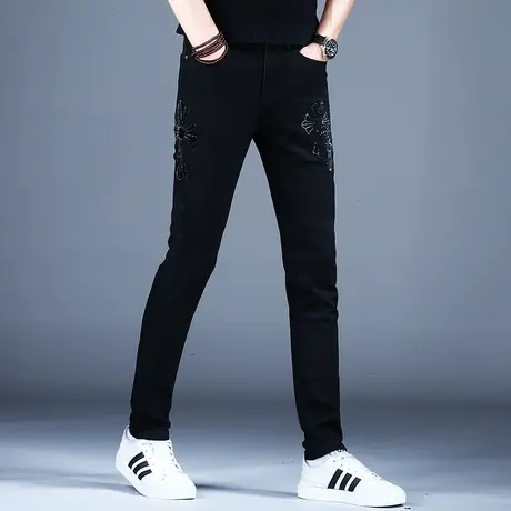 纯黑色轻奢欧洲站烫钻牛仔裤男款修身小脚秋款2023新款裤子男休闲商品大图