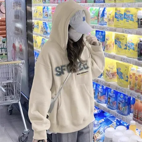 春秋款大码胖mm连帽卫衣女装美式宽松加绒加厚宽松别致上衣200斤商品大图