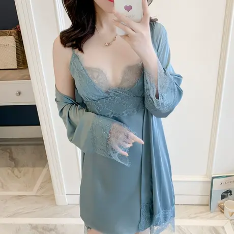 睡裙女夏性感诱惑薄款蕾丝吊带胸垫睡袍两件套很仙的冰丝春秋睡衣商品大图