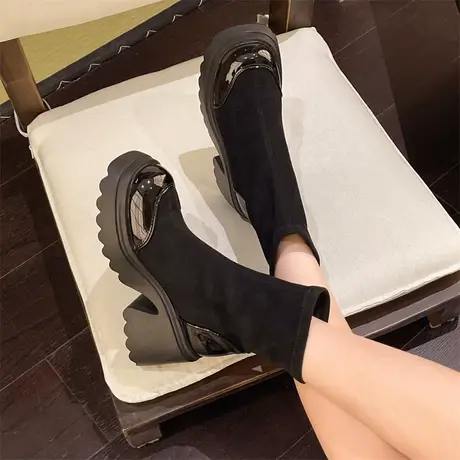 马丁靴女2023春秋季显瘦复古气质弹力短靴粗跟高跟黑色法式瘦瘦靴商品大图