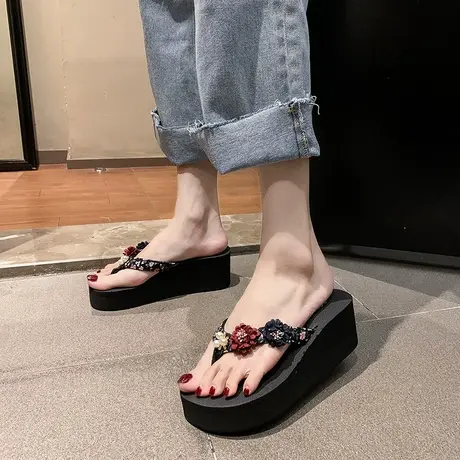 沙滩拖鞋女夏时尚外穿厚底高跟凉拖女海边防滑坡跟人字拖女可湿水商品大图