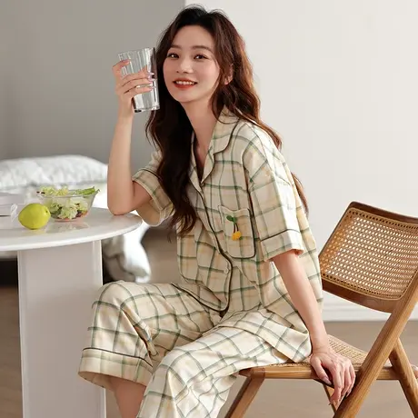 婷美夏季睡衣女纯棉开衫短袖可外穿七分裤女款夏天薄款家居服套装商品大图
